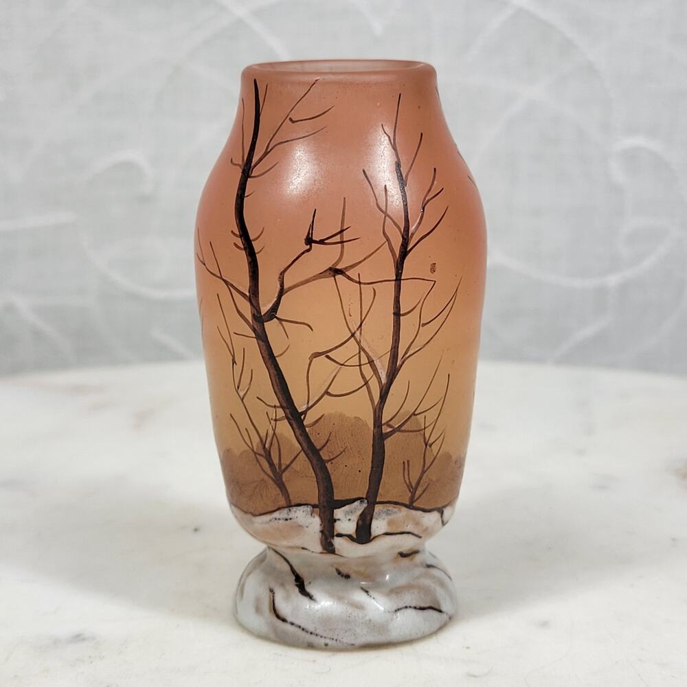 VTG Legras Bud Vase 3.5" Orange Hand Painted Enamel Winter Trees Snow Signed